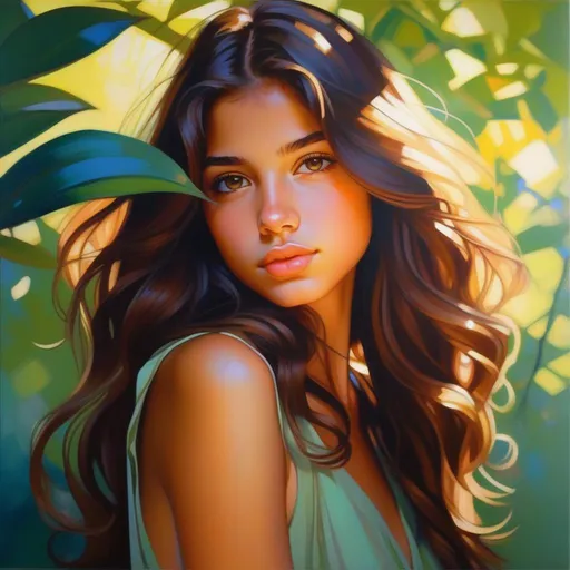 Prompt: Upper body portrait of cute brazilian girl, 18 years old, brown long hair, light olive skin, sundress, intricate, detailed face. by Ilya Kuvshinov and Alphonse Mucha. Dreamy, sparkles