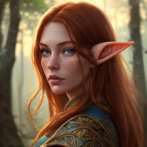 Prompt: portrait of female elf with dark ginger hair and with tan skin, with a beautiful face, like liv tyler, blue eyes, sunset woodlands, perfect composition, hypperrealistic, super detailed 8k, high quality, trending art, trending on artstation, sharp focus, studio photo, intricate details, highly detailed

