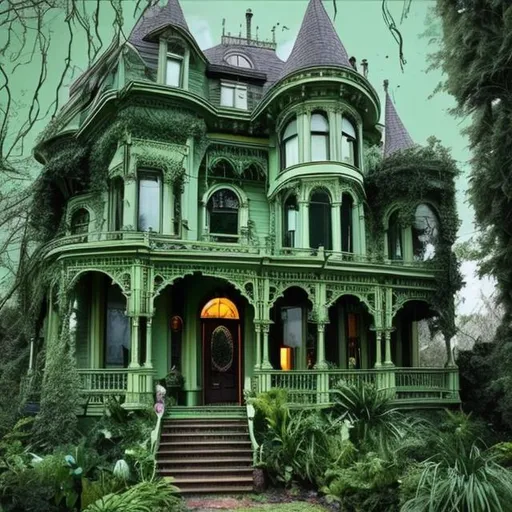 Prompt: victorian house, with high cellings, a green room with plants, green door, winter garden, a witch lives inside