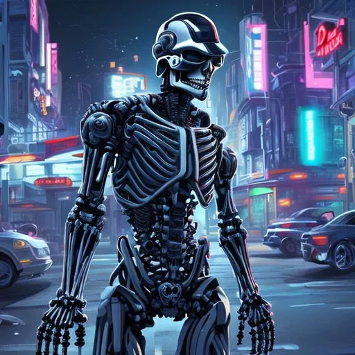 Prompt: robo-cop skeleton, cyber punk, robbing McDonalds