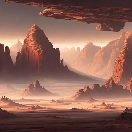 Prompt: A mechanical and futurist planet with green hazy skies, copper sands, and shallow basalt canyons. In the canyons there are cities that jut out into the sky.