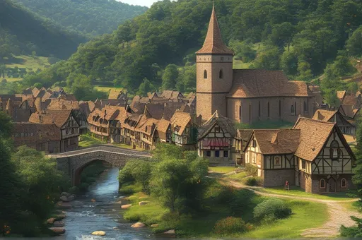 Prompt: Bustling medieval village, tall castle, ivy covered church, stone bridge over river, rolling forested hills, highres, detailed, medieval, summer atmosphere, immersive, historical, lush greenery, atmospheric lighting