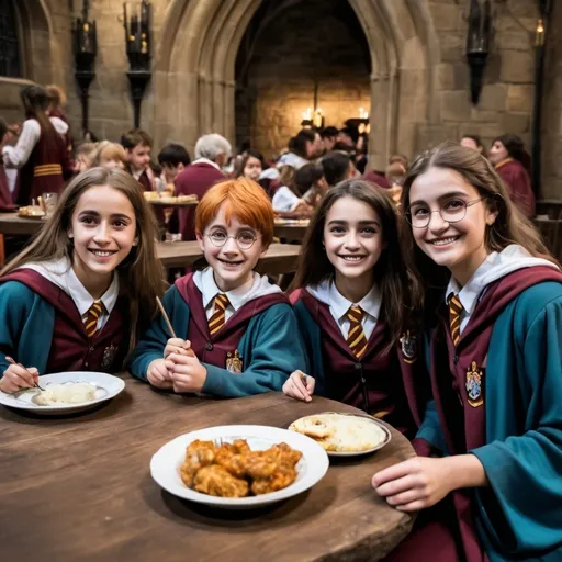 Prompt: Crie uma cena vibrante e alegre de uma família feliz participando de um festival inspirado no mundo de Harry Potter. Mostre os membros da família usando trajes icônicos de Hogwarts, como robes e cachecóis nas cores das casas, com varinhas na mão e sorrisos radiantes Inclua detalhes do festival, como barracas de comidas mágicas, decorações temáticas, e, ao fundo,. um castelo majestoso semelhante a Hogwarts sob um céu azul. Elementos mágicos, como criaturas fantásticas e feitiços visíveis, devem adicionar um toque encantador à cena