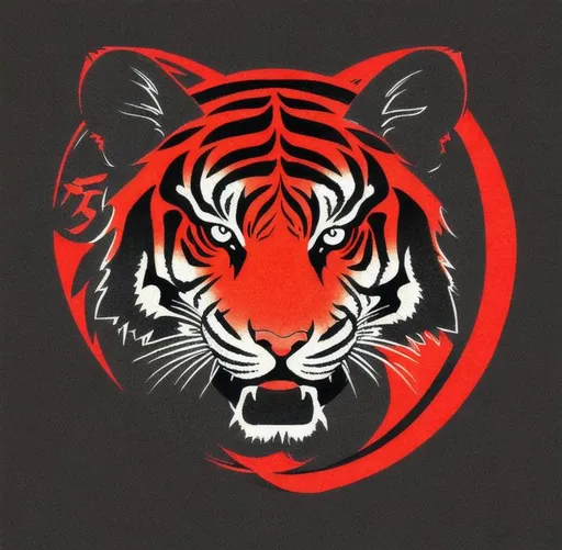 Prompt:  red and black Japanese tiger logo with ancient Asian symbols on black background
