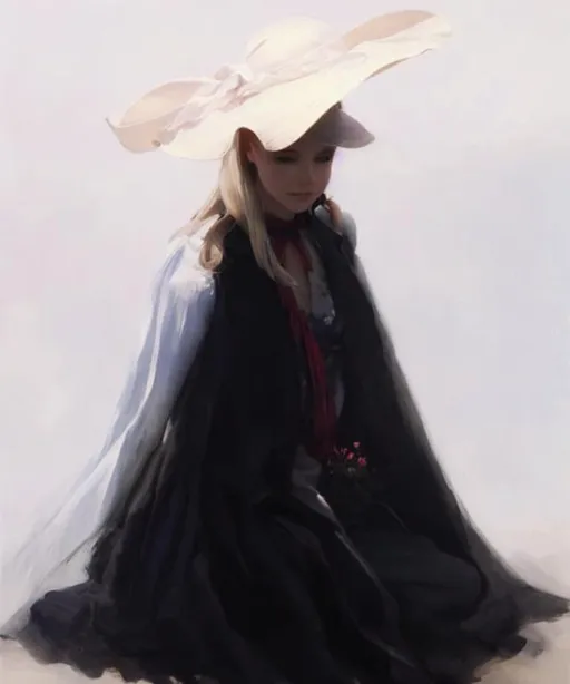 Prompt: A country styled girl in a meadow, sitting on a rock, with a sun hat, perfect features, extremely detailed, realistic. Krenz Cushart + loish +gaston bussiere +craig mullins, j. c. leyendecker +Artgerm, 