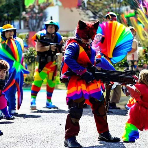 Prompt: Cat man going to war, shooting a small child, rainbow outfits, kawaii