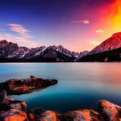 Prompt: a lake at sunset with the stars with mountains