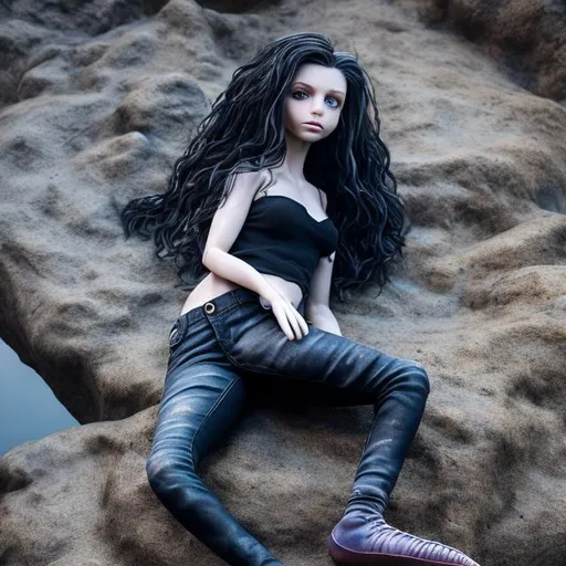 Prompt: Realistic, lifelike, detailed, high-quality, natural lighting, A adult mermaid with human legs, Wearing a black shirt, blue jeans and black shoes, five fingers correctly