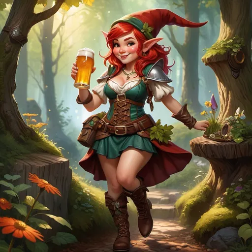 Prompt: Detailed full body illustration of an agile female gnome thief drinking beer and dancing with faeries, vibrant red hair, earthy clothing, leather quiver, fine details, high-quality, fantasy, natural lighting, earthy tones, detailed facial features, professional, fantasy art, vibrant colors, wide angle woodland setting 