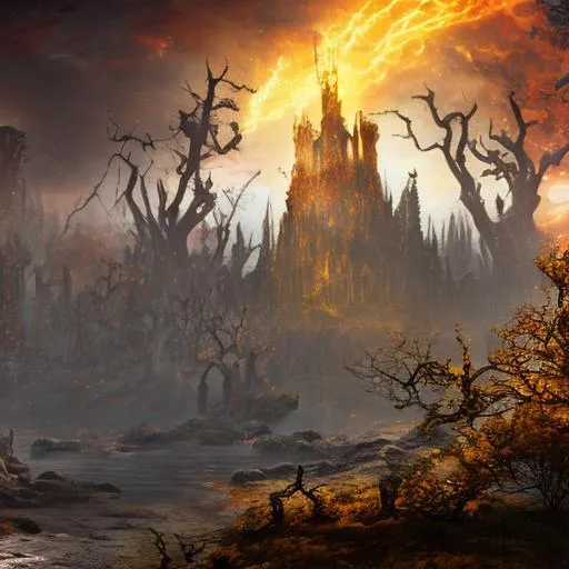 Prompt: The world of Elden Ring with the World Tree with a glowing yellow/red hue in the background and a decaying castle in the foreground and all of this overseeing the world of Elden Ring zoomed out over a large landscape with a gothic art style
