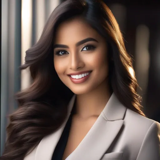 Prompt: Close-Up Portrait a Beautiful (Indian| Filipino) girls, with wavy long hair, glossy big detailed eyes, beautifully detailed nose, charming lips and smile. business suit with jacket. highly detailed skin, textured skin. Masterpiece by professional photographer, Commerical ads lighting.
