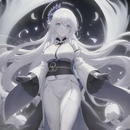 Prompt: anime girl with pale skin, hints of glowing blue, white eyelashes, long choppy hair, white hair, a giant woman, white a blue kimono, sleeves covering the hands, shes over a dark blue/black sea, she has a motherly vibe, the moon is behind her, souls and ghost are in the ocean, flower petals, long kimono, motherly,  woman, blue flowers, white eyelashes, eyes half closed, blue flower petals, sfw