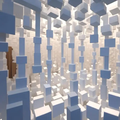 Prompt: create a realistic image of a sculpture of white cubes on a pilar inside a room of a museum