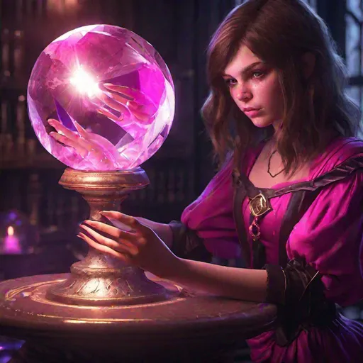 Prompt: young witch girl with brown hair and fuchsia, touching a fractured crystal ball, dark room, light emanating from crystal ball, concept art, epic lighting, finely-tuned, octane rendering