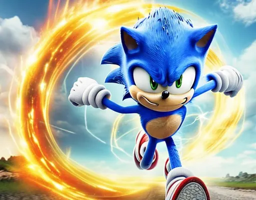 Prompt: sonic corriendo con rayos supersonicos y con el logo de la pelicula