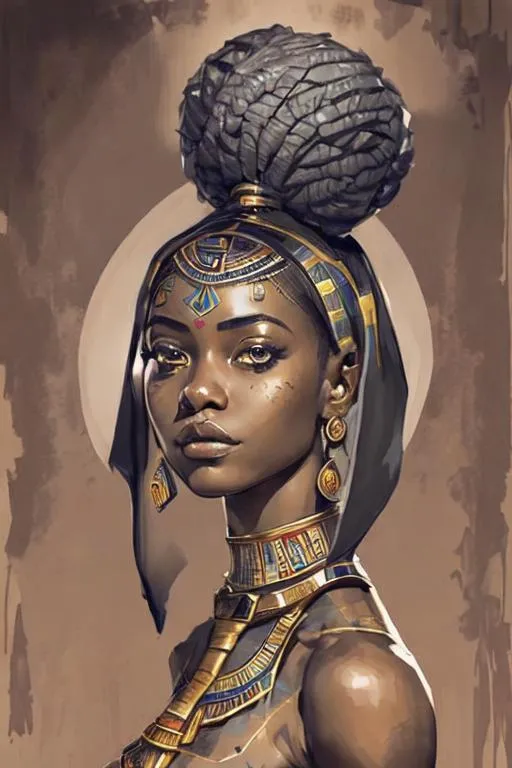 Prompt: a woman, depicted as a young woman with ebony skin, pixie cut, adorned in modest traditional Egyptian attire. She exudes strength and determination, her eyes reflecting a sense of resilience. she holds a symbol of power, such as an ankh in one hand, around the her are ethereal figures of Egyptian gods and goddesses , their forms partially transparent, indicating their divine nature, The gods stand as guardians and guides, each radiating their unique aura and holding their sacred symbols, The figures of Anubis, Bastet, and Horus, among others, lend a touch of mysticism to the composition,

A subtle golden border frames the artwork, adding a touch of regal elegance to the cover design, The background showcases the sprawling golden sands of the desert, stretching far into the distance under a radiant sun setting over the horizon. The warm hues of orange and amber bathe the scene in an enchanting glow, evoking a sense of timeless magic.

In the foreground, towering pyramids rise majestically, their triangular silhouettes reaching towards the heavens. Each pyramid bears intricate hieroglyphics, telling stories of ancient pharaohs and gods. The pyramids cast elongated shadows that add depth and mystery to the composition.


the essence of ancient Egypt, combining elements of mythology, adventure, and the power of destiny. 





,Dreamy ambiance, epic proportion, epic composition, 2D illustration, 2D vector art, 2D digital painting, 2D flat color, 2D art, vibrant color, contrast, detailed brush stroke, detailed digital illustration, cinematic lighting, volumetric lighting, iridescent lighting reflection, reflection, beautiful shading, ray tracing, symmetrical, professional illustration, HD, UHD, 64K, 
Model: Anything V4