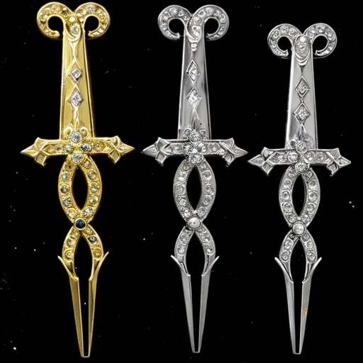 Prompt: fantasy daggers, gold, silver, bronze, symetrical, 8K