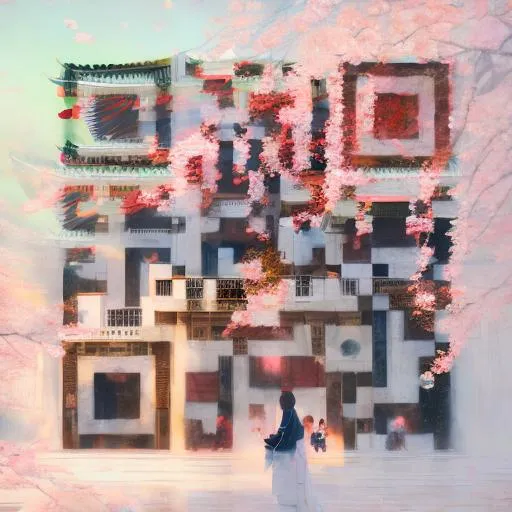 Prompt: a beautiful picture of sakura in full bloom, palace ， a man in waterfall, by greg rutkowski and thomas kinkade, trending on artstation