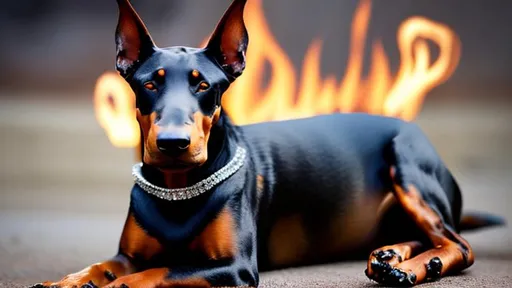 Prompt: Doberman body wrapped in diamonds with fire