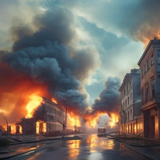 Prompt: Early tall 1900s buildings on fire with broken road old cannons war high resolution 4k daytime nice weather light blue sky 
