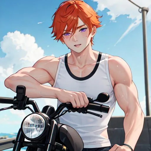 Prompt: Erikku 1male (short ginger hair, freckles, right eye blue left eye purple) muscular, riding a motorcycle