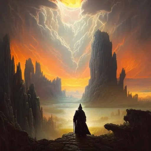 Prompt: ultra detailed ancient landscape, brave new world, style: Robert S. Duncanson painting, subject: wizard walking down a path close to camera wearing dark robes, tall wizard staff, subject looking at horizon in background, it's very windy and there's an ominous tal black tower ahead, made of obsidian, rocky, there's a sunset on horizon but a bad storm cell rages ahead, light rays, bokeh. octane render, trending in artstation, deviantart.