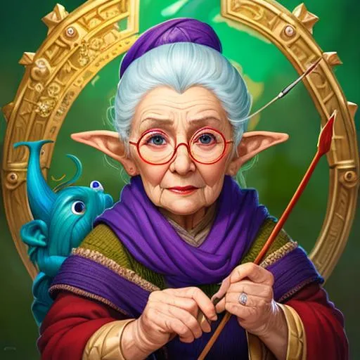 Prompt: Three-quarters portrait of gnome rogue old lady with knitting needles as daggers, glasses, fantasy, highly detailed, digital painting, art by Stanley Lau and Artgerm and magali villeneuve and Alphonse Mucha, artstation, octane render, cgsociety, HDR, UHD, 64k, best quality, best quality, masterpiece:1.5)
