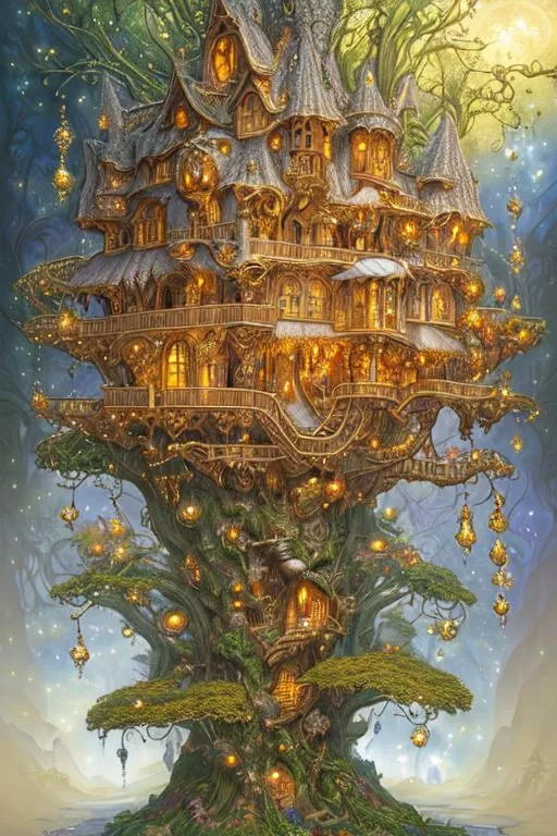 Prompt: "Insanely detailed photograph of An elaborate beautiful fantasy treehouse glistening intricate made from crystal gold drops sugared drops leaf swirls giant light beautiful hyperdetailed painting by Carlo_Crivelli Anne_Stokes Andrea_Kowch Mark_Brooks Vladimir_Kush and Tom_Bagshaw CGSociety ZBrush Central fantasy art album cover art 4K 64 megapixels 8K resolution HDR Greek light colours celestial powdered sugar dreamy