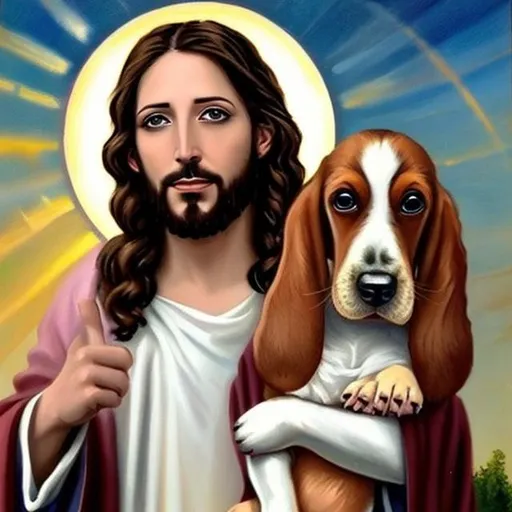 Prompt: Show me a realistic and beautiful painting of Jesus with a halo holding an adorable puppy basset hound.