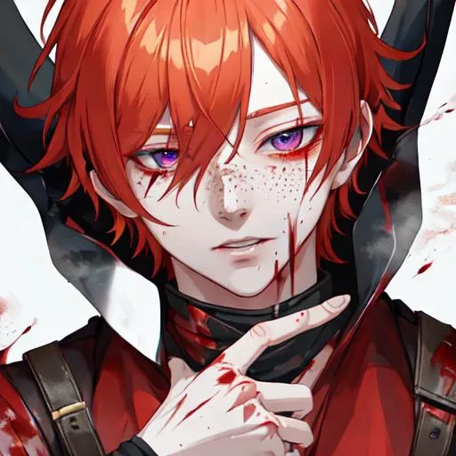Prompt: Erikku male adult (short ginger hair, freckles, right eye blue left eye purple)  UHD, 8K, insane detail anime style, covered in blood, psychotic, covering his face with his hands, face covered in blood and cuts, blood highly detailed, smoking a cigarette