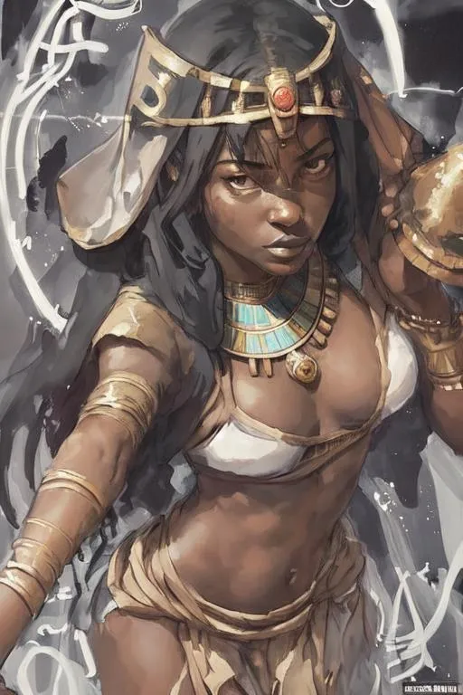 Prompt: positioned at the center of the cover is a woman, depicted as a young woman with ebony skin, adorned in modest traditional Egyptian attire. She exudes strength and determination, her eyes reflecting a sense of resilience. she holds a symbol of power, such as an ankh in one hand, Surrounding the woman, ethereal figures of Egyptian gods and goddesses materialize, their forms partially transparent, indicating their divine nature, The gods stand as guardians and guides, each radiating their unique aura and holding their sacred symbols, The figures of Anubis, Bastet, and Horus, among others, lend a touch of mysticism to the composition,

A subtle golden border frames the artwork, adding a touch of regal elegance to the cover design, The background showcases the sprawling golden sands of the desert, stretching far into the distance under a radiant sun setting over the horizon. The warm hues of orange and amber bathe the scene in an enchanting glow, evoking a sense of timeless magic.

In the foreground, towering pyramids rise majestically, their triangular silhouettes reaching towards the heavens. Each pyramid bears intricate hieroglyphics, telling stories of ancient pharaohs and gods. The pyramids cast elongated shadows that add depth and mystery to the composition.


the essence of ancient Egypt, combining elements of mythology, adventure, and the power of destiny. 





,Dreamy ambiance, epic proportion, epic composition, 2D illustration, 2D vector art, 2D digital painting, 2D flat color, 2D art, vibrant color, contrast, detailed brush stroke, detailed digital illustration, cinematic lighting, volumetric lighting, iridescent lighting reflection, reflection, beautiful shading, ray tracing, symmetrical, professional illustration, HD, UHD, 64K, 
Model: Anything V4