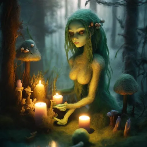 Prompt: needle-felted fantasy figure, woman, green, water, candles, forest, mushrooms, intricate details, insane details, volumetric lighting