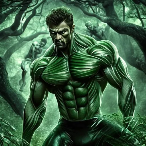 Prompt: a man full of muscles inside green forest surrounded by flying angels. both have a body like cheetah and eyes like Venom full of tears