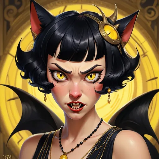 Prompt: Portrait, detailed, God of chaos and probability, short black hair, 1920's flapper style, yellow cat eyes, Mischevious grin, fangs,eyebags, evil, chaotic, spiteful, horns, tired