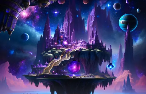 Prompt: Highly detailed, Space, fantasy kingdom on a floating island, clouds, stars, planets, waterfalls, nebulae, mystical, purple, pink, blue, trending on artstation, 