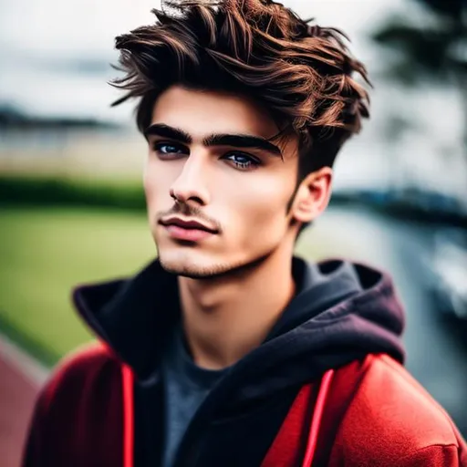 Prompt: Handsome young man, (20 year old man) (beard) (messy hair)+ ((hair covering eye))++ emo cut, lightbrownhair boy, hair, sharp gaze, blue eyes, innocent, boy model,  20 years old, hot, pretty, cute, hoodie zipper, cinematic lighting, blue sky, bright colors, blue, green, yellow, white,  luminous, hyperdetailed, great composition, professional, artstation award, (white background)++ 