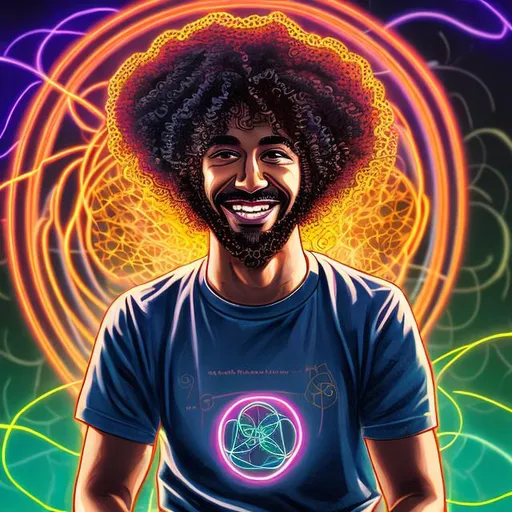 Prompt: Portrait of a smiling  curly haired multi-racial man sitting crossed legged with a flower of life portal backrground exploding with neon particles