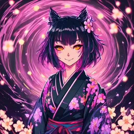 Prompt: Digital art,splash art, game art, neon light, dusk, night time, lofi vibes, black hole, galaxy in the sky, portrait of an owl spirit anime woman, wearing kimono, smug smile, anime wide eyes, smooth soft skin, detailed face, standing in a field of flowers, flying fireflies, cherry blossom