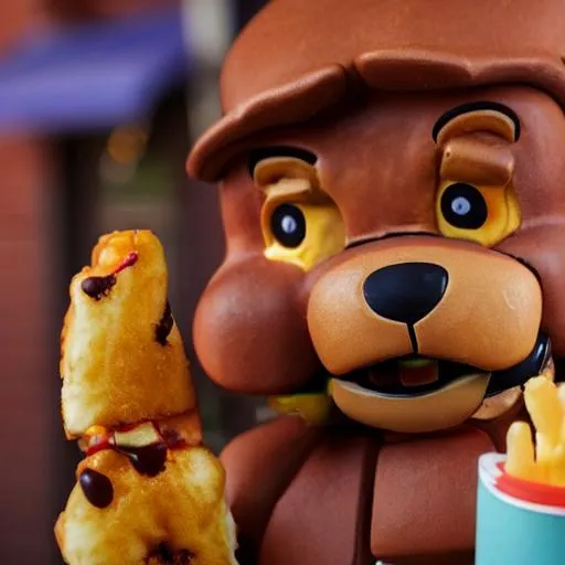 Prompt: freddy fazbear eating at mcdonald's, photography, 8 k,