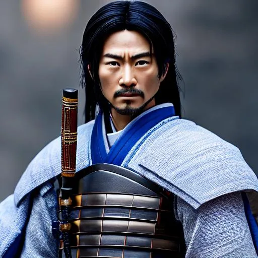 Prompt: Young Hiroyuki Sanada as a Samurai Photorealistic Overdetailed Portrait, Well Detailed face, Blue and White Robes and Armor, Black hair, Detailed Hands, Detailed Twilight Background, Intricately Detailed, Award Winning, Photograph, Film Quality.