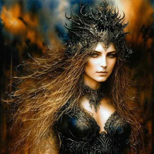 Prompt: (portrait) Luis Royo fine art, dark blue ink, gold watercolor, extremely detailed, precise execution.