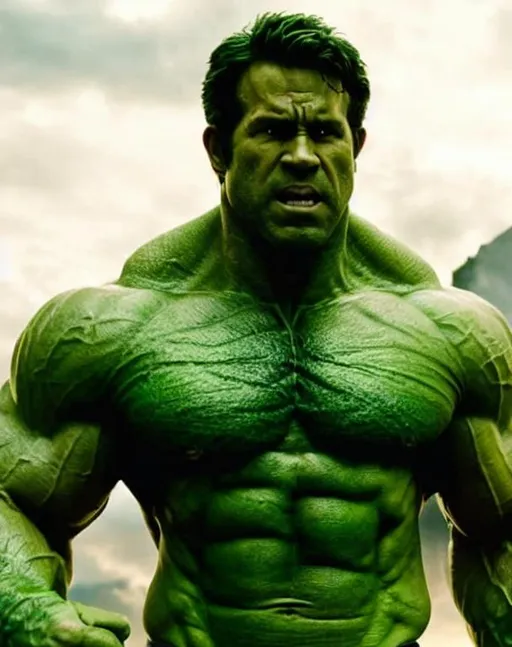 Prompt: Ryan Reynolds as the incredible hulk movie still, muscular, green skin