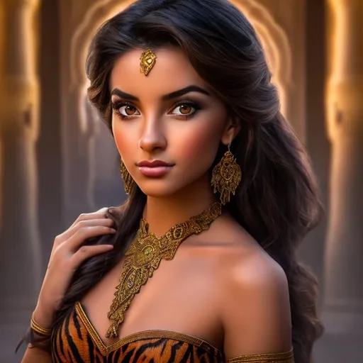 Prompt: professional photo disney jasmine as live action human woman hd hyper realistic beautiful arabian princess black hair olive skin brown eyes beautiful face blue  harem dress enchanting
arabian palace hd background with live action realistic tiger 
