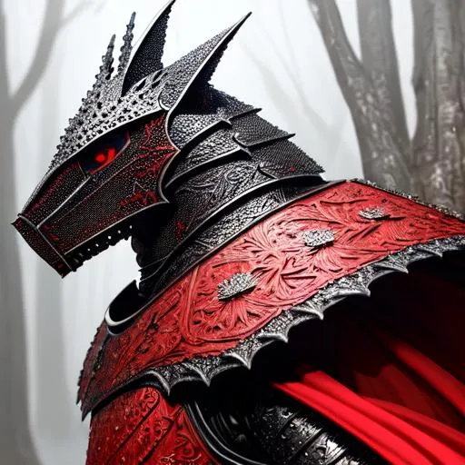 Prompt: portrait of a (black knight in full plate armor, red cloak, dragon engravings) , forest hut background, D&D setting, detailed face, smooth, perfect composition, hyperrealistic, super detailed, 8k, high quality, trending art, trending on artstation, sharp focus, studio photo, intricate details, highly detailed, by matte digital illustration, by koyorin, donato giancola, pixiv