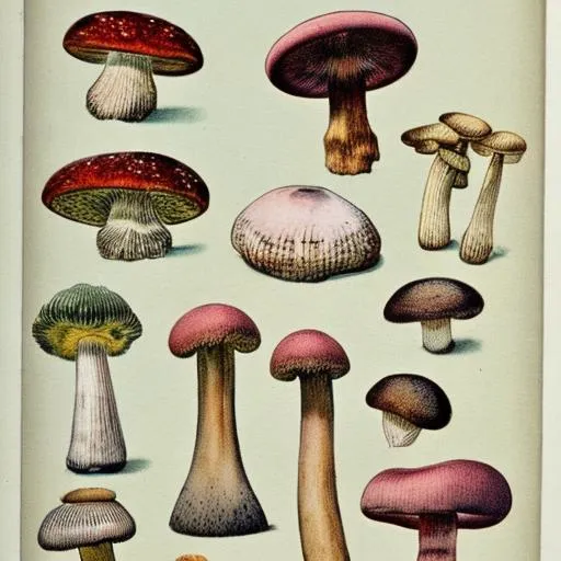 Prompt: field guide page style, mushrooms, vintage, naturalist, colour plate, hd