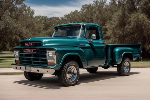 Prompt: A wide angle longshot of Vintage GMC Trucks at a jobsite 