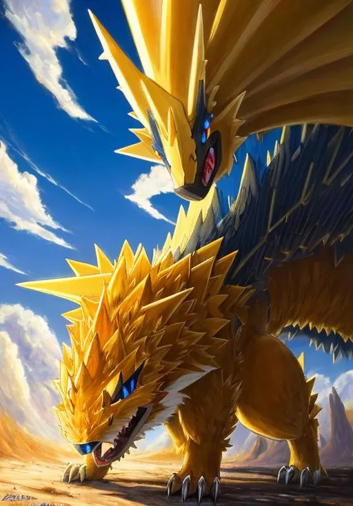 Prompt: UHD, , 8k,  oil painting, Anime,  Very detailed, zoomed out view of character, HD, High Quality, Anime, , Pokemon, Sandslash is a bipedal, ground-dwelling pholidote Pokémon. Although Sandslash is usually bipedal, it can run on all fours. Most of its underside is light yellow with a white underbelly. It has a narrow muzzle, almond-shaped blue eyes, and a thick tail. Its back is mostly covered in sharp, brown quills formed from its tough, dry hide. It has two large claws on its paws and feet. These claws are its primary weapons and are used for slashing, but can also be used for burrowing. Its claws and spikes can both break off, but they grow back quickly and are shed regularly. Sandslash's broken parts can be used to carve plows for tilling farm fields. The claws can become harder and smoother if it lives in drier areas.

Sandslash can curl into a large ball, which allows it to roll to attack or escape, protect itself from heatstroke, and guard its belly. Sandslash is also adept at climbing trees and is prone to ambush its enemies from above. It also climbs trees to rest during the night, and to slash Berries to feed the Sandshrew waiting below. Sandslash can mostly be found in deserts.
Pokémon by Frank Frazetta