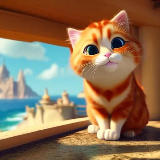 Prompt: Ginger cat with one right eye and a patch looks out to sea with a persicope in Disney style animation. 