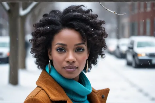 Prompt: in the snow woman, in the style of afro-caribbean influence, light and color effects, dark cyan and dark amber, candid celebrity shots, photorealistic eye, canon eos 5d mark iv, photorealistic pastiche --ar 3:2 --v 5.2