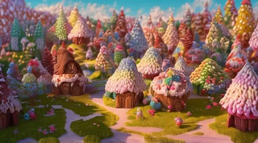 Prompt: dreamy land, candyland, cute, illustration, 8k, some little houses made of gingerbread. Some elves are planting lollipops and candy canes on the ground, disney, cute, pastel colors, chocolate river